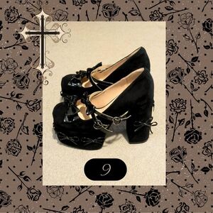 Gothic Lolita Suede Hearts & Bows Chunky Mary Jane Platform Heels